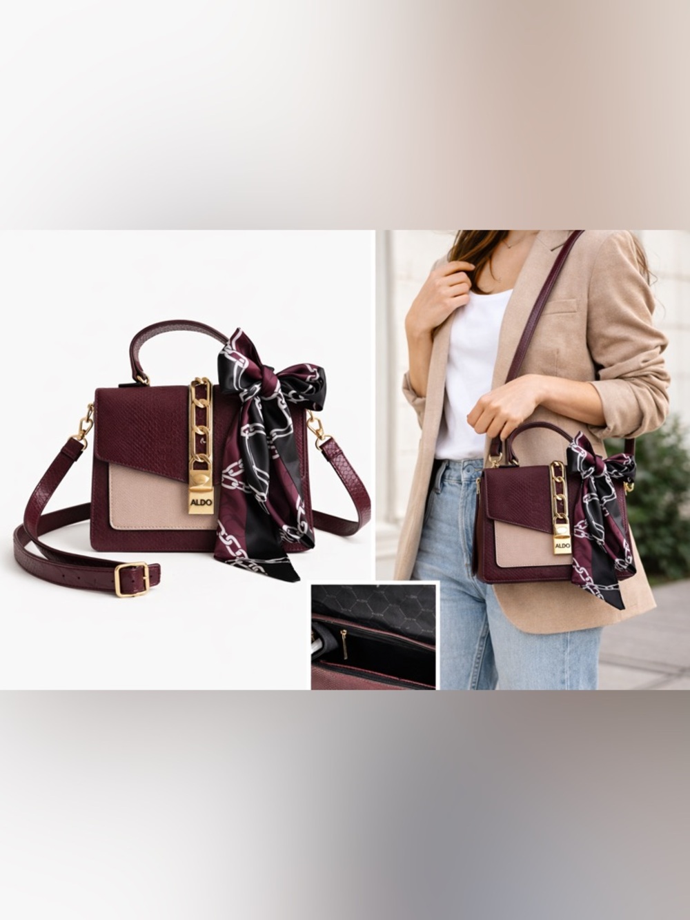 Aldo Burgundy and Beige Top-Handle Satchel with Scarf Accent
